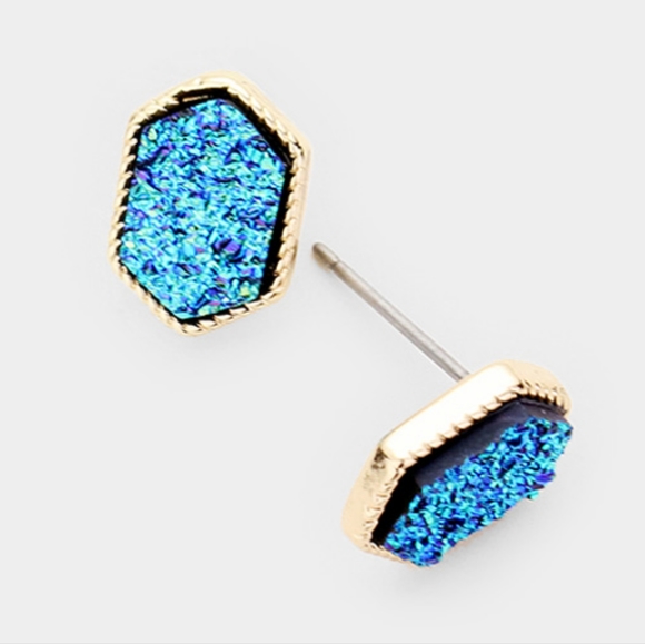 Blue Hematite Hexagonal Druzy Stud Earrings 0.5" Post Simple Jewelry Stone Gold - Picture 4 of 4